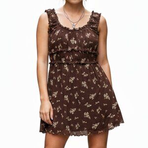 Y2K Ditsy Floral Dress Size L Ruched Sleeveless 90s Cute Sheer Brown Stretch